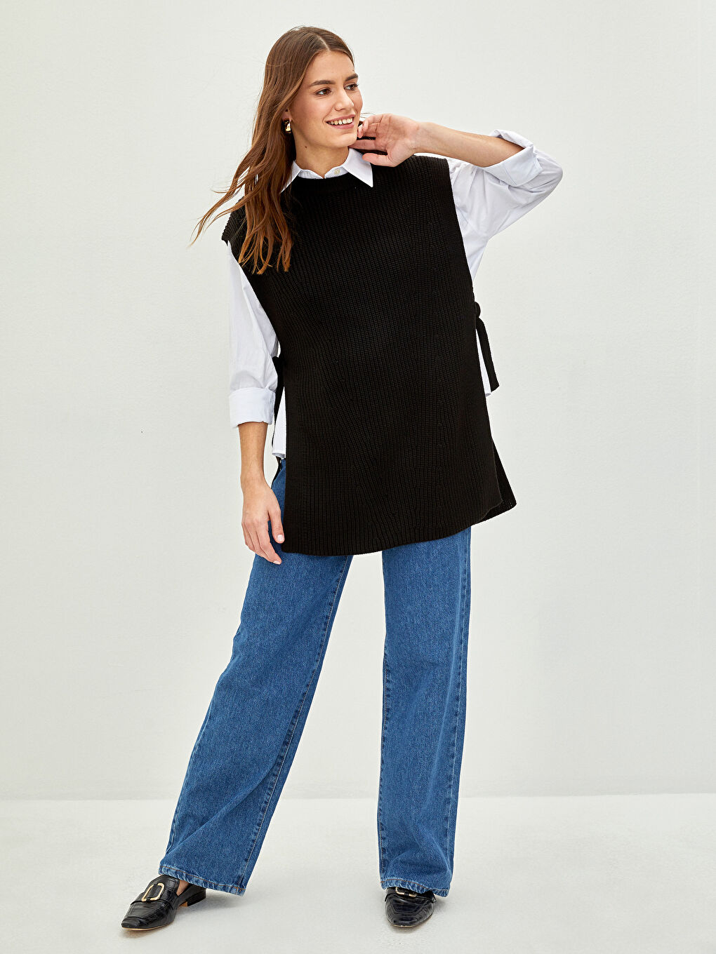 Siyah Kadın Bisiklet Yaka Düz Süveter-2