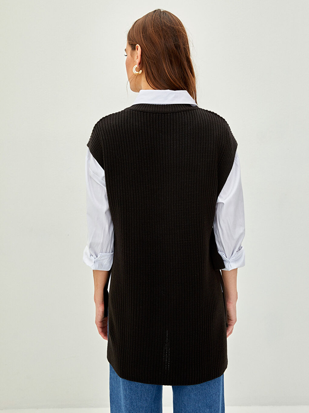 Siyah Kadın Bisiklet Yaka Düz Süveter-4