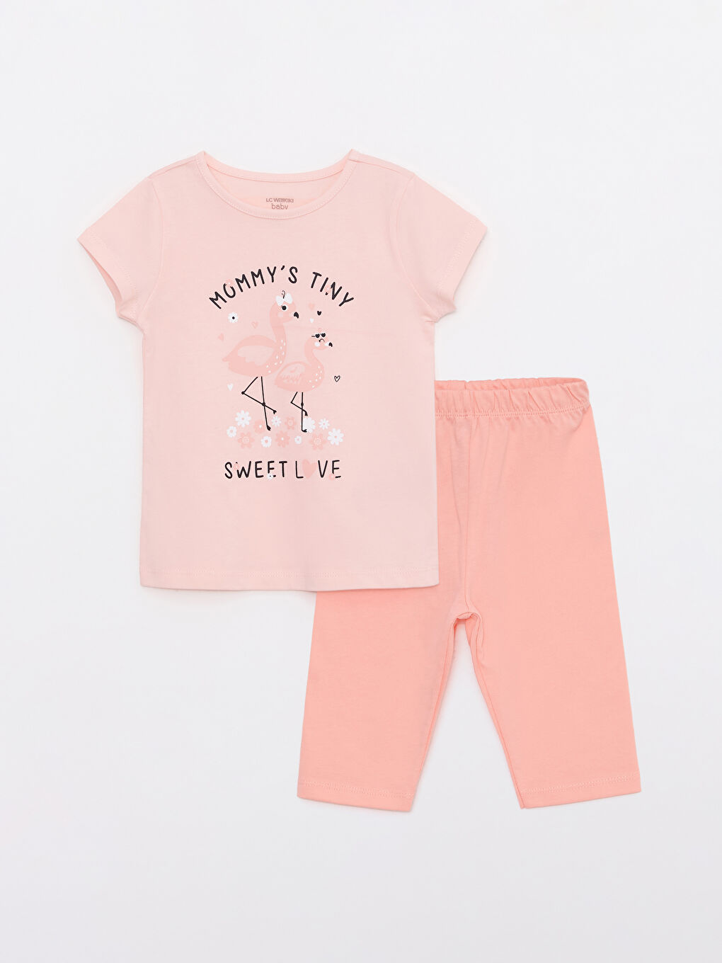 Pembe Bisiklet Yaka Kısa Kollu Baskılı Pamuklu Kız Bebek Pijama Takım