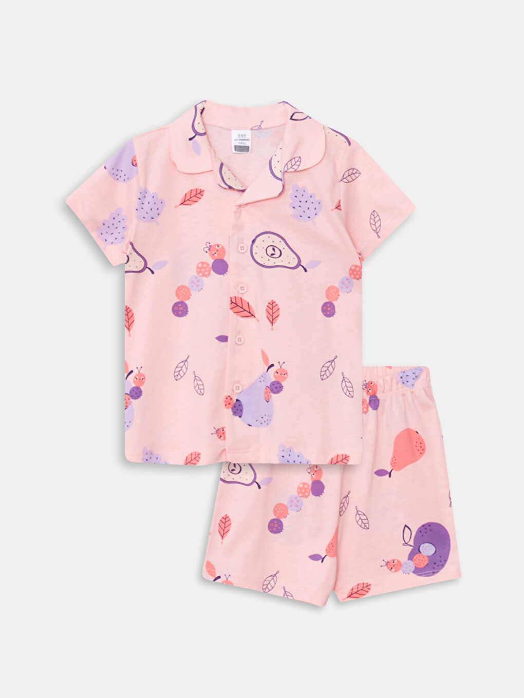 Pembe Polo Yaka Kısa Kollu Baskılı Kız Bebek Pijama Takım