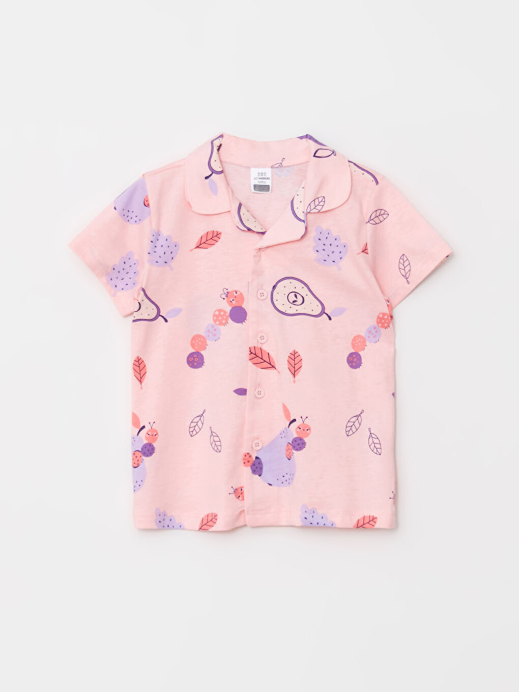 Pembe Polo Yaka Kısa Kollu Baskılı Kız Bebek Pijama Takım-1