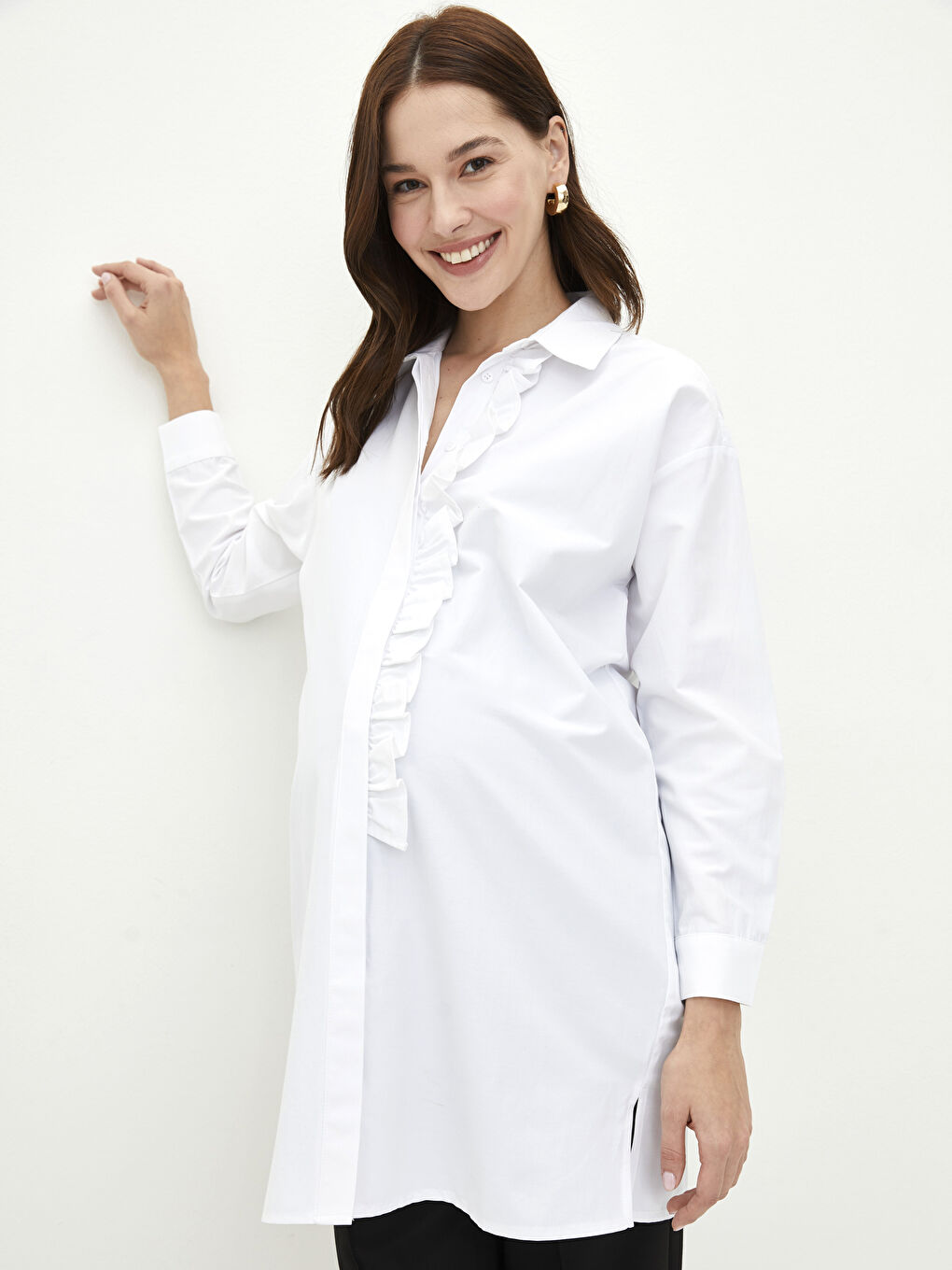 Beyaz Düz Uzun Kollu Poplin Hamile Gömlek Tunik