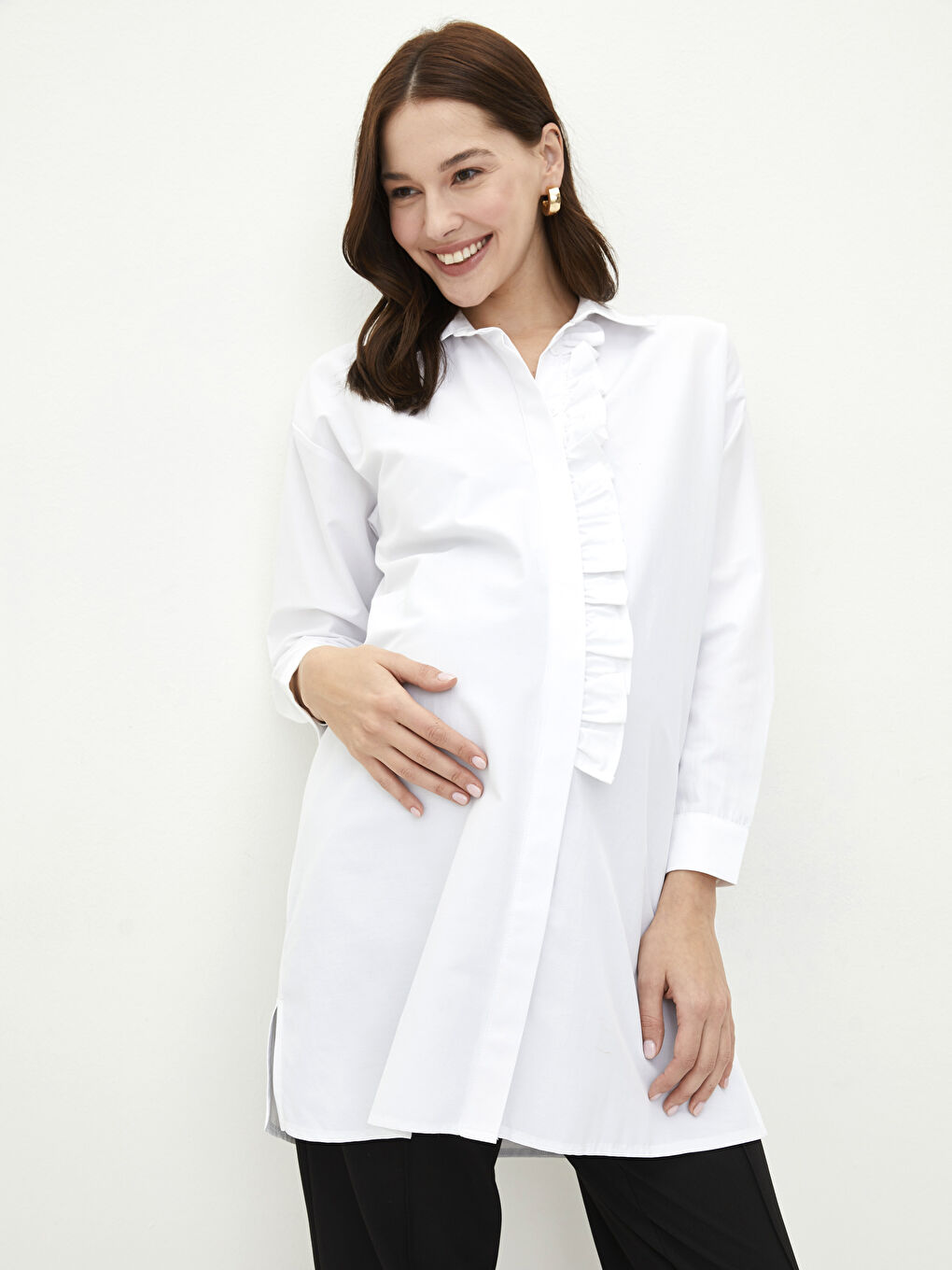 Beyaz Düz Uzun Kollu Poplin Hamile Gömlek Tunik-1
