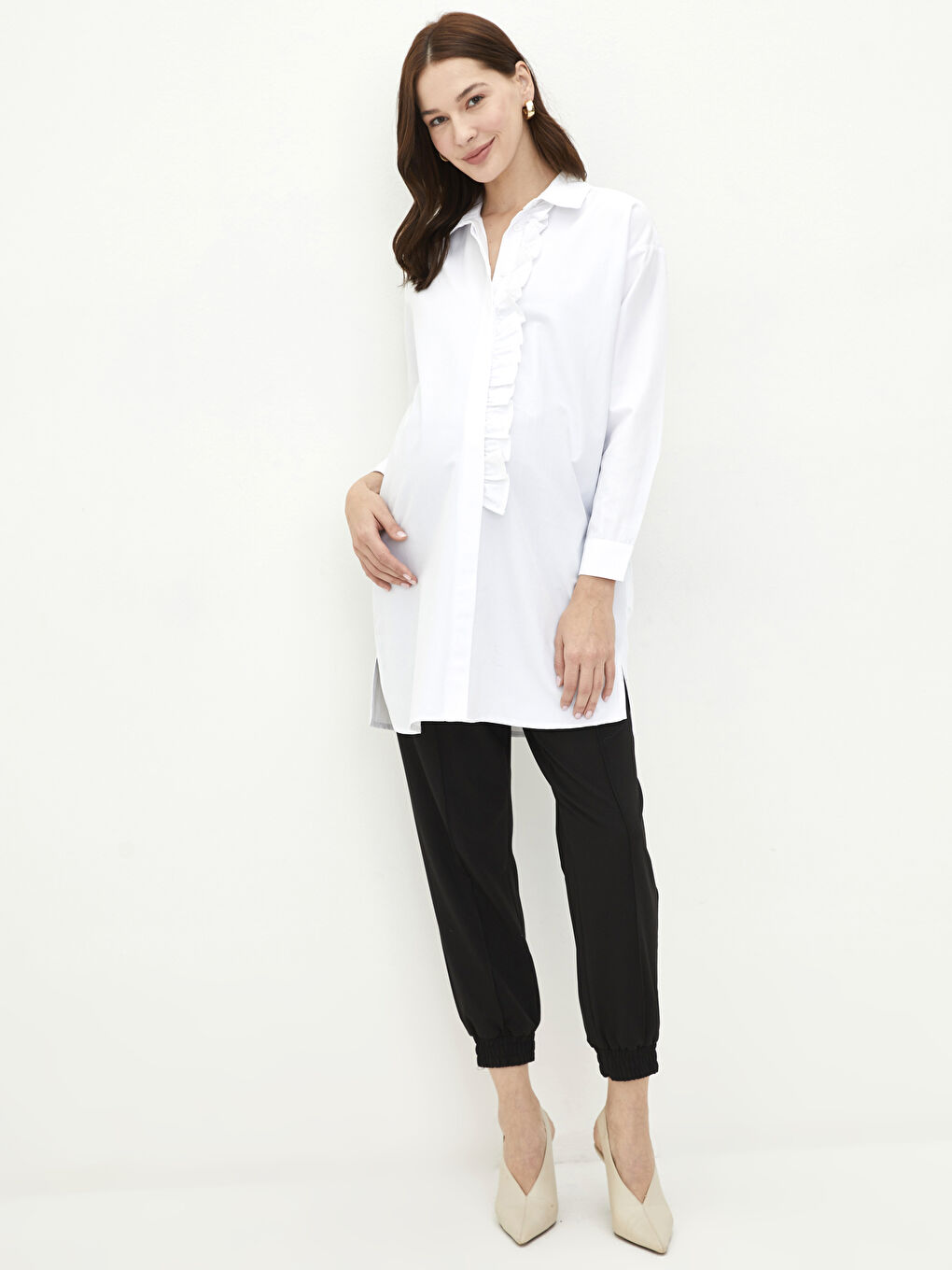 Beyaz Düz Uzun Kollu Poplin Hamile Gömlek Tunik-2