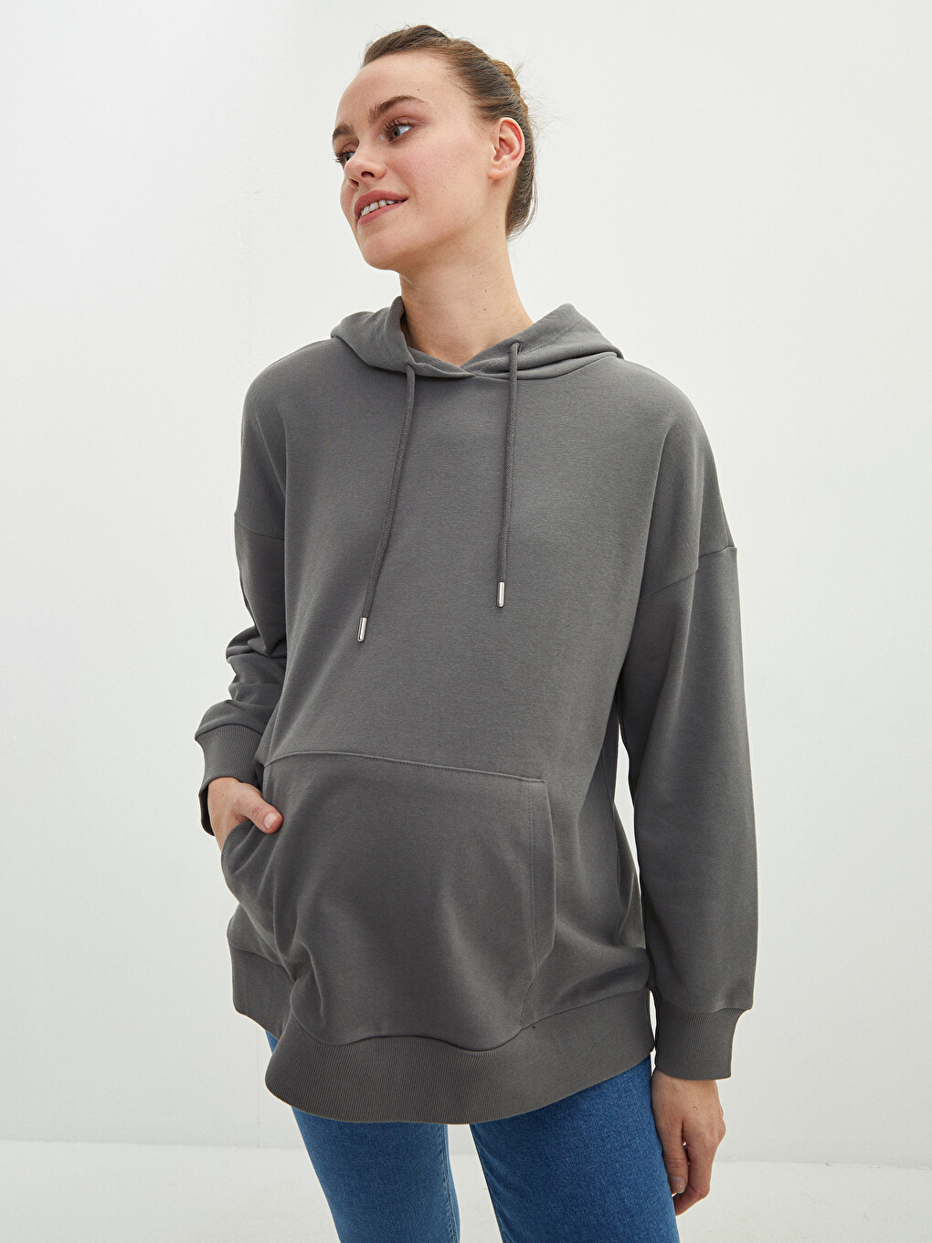 Gri Düz Uzun Kollu Hamile Hoodie-1