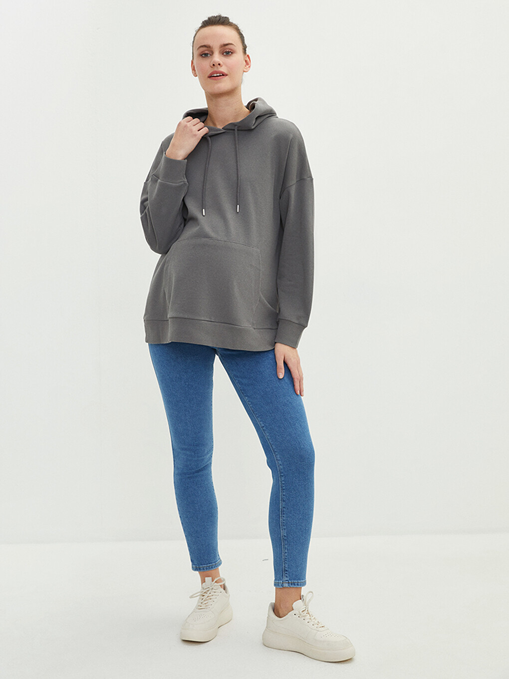 Gri Düz Uzun Kollu Hamile Hoodie-2