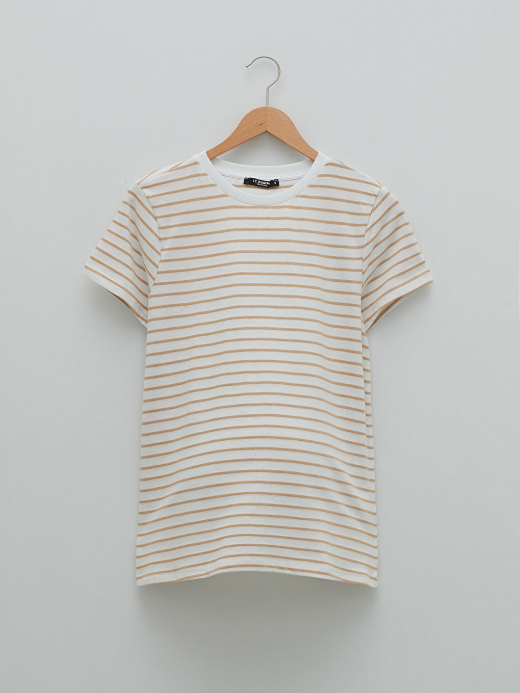 Bej Bisiklet Yaka Çizgili Kısa Kollu Hamile Tişört-5