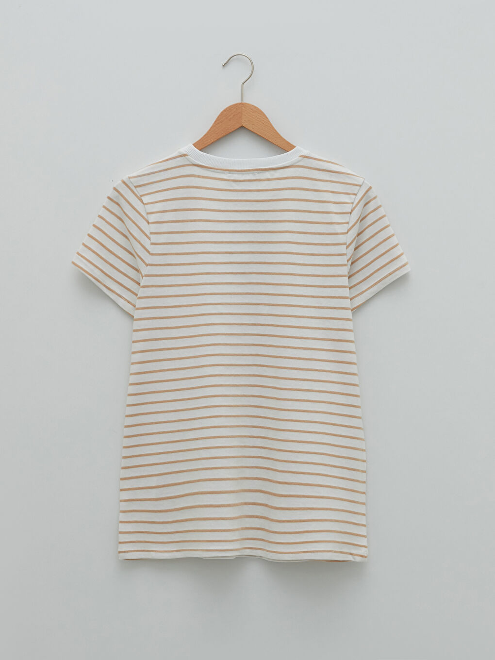 Bej Bisiklet Yaka Çizgili Kısa Kollu Hamile Tişört-6