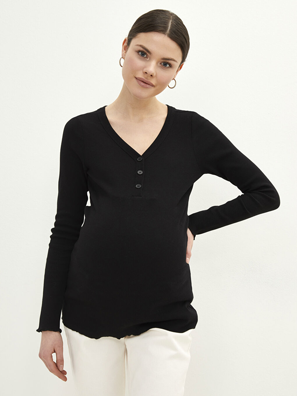 V Neck Plain Long Sleeve Maternity T-Shirt -S2BK40Z8-CVL