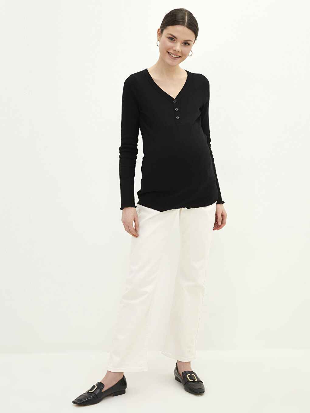 V Neck Plain Long Sleeve Maternity T-Shirt -S2BK40Z8-CVL