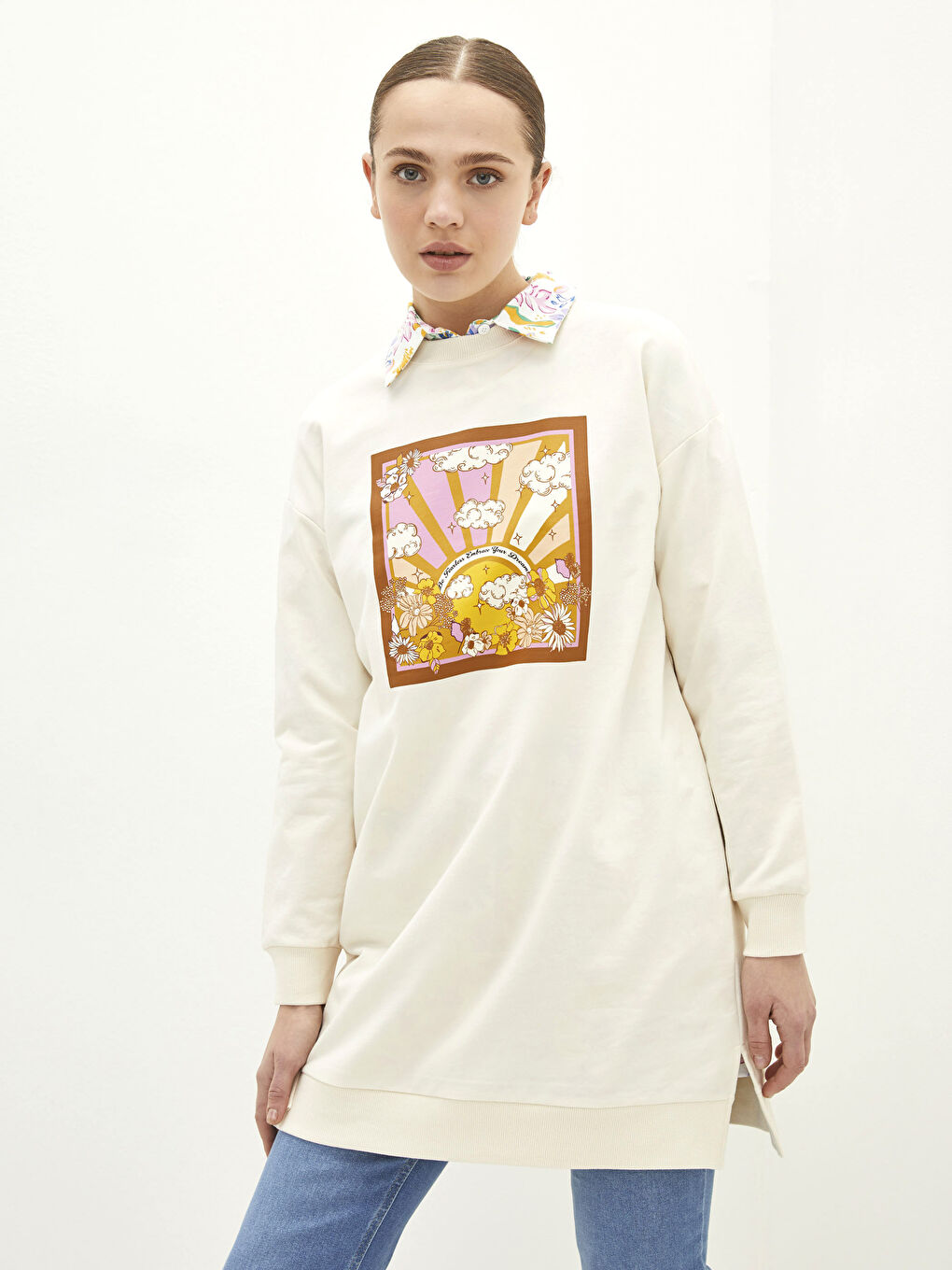 Tunique Sweatshirt Oversize à Manches Longues Imprimée pour Femmes avec Col Rond