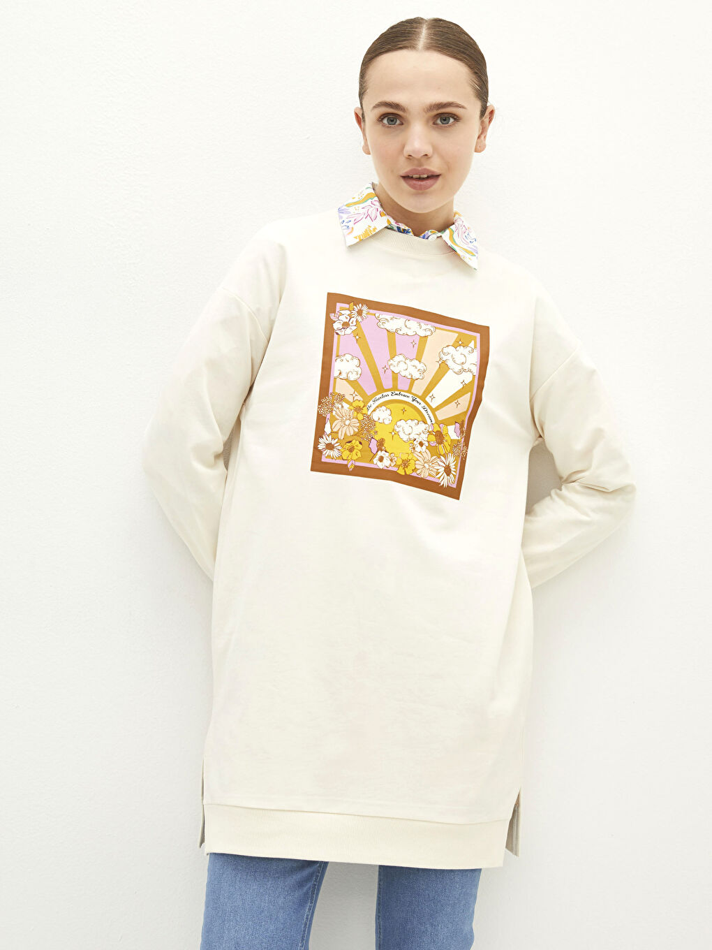 Tunique Sweatshirt Oversize à Manches Longues Imprimée pour Femmes avec Col Rond-1