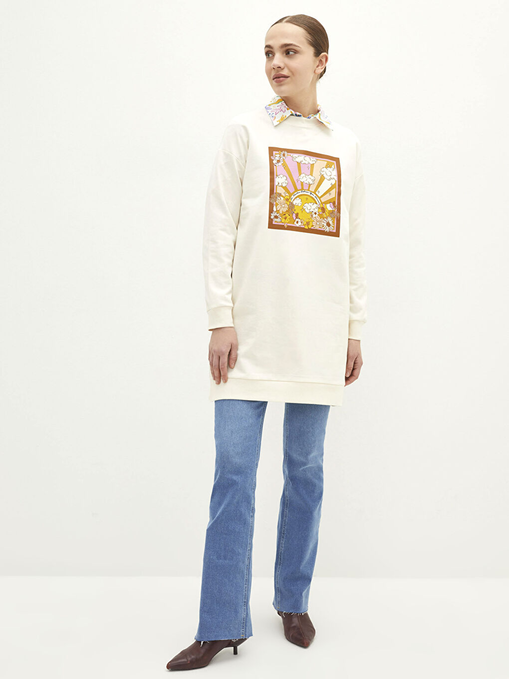 Tunique Sweatshirt Oversize à Manches Longues Imprimée pour Femmes avec Col Rond-2