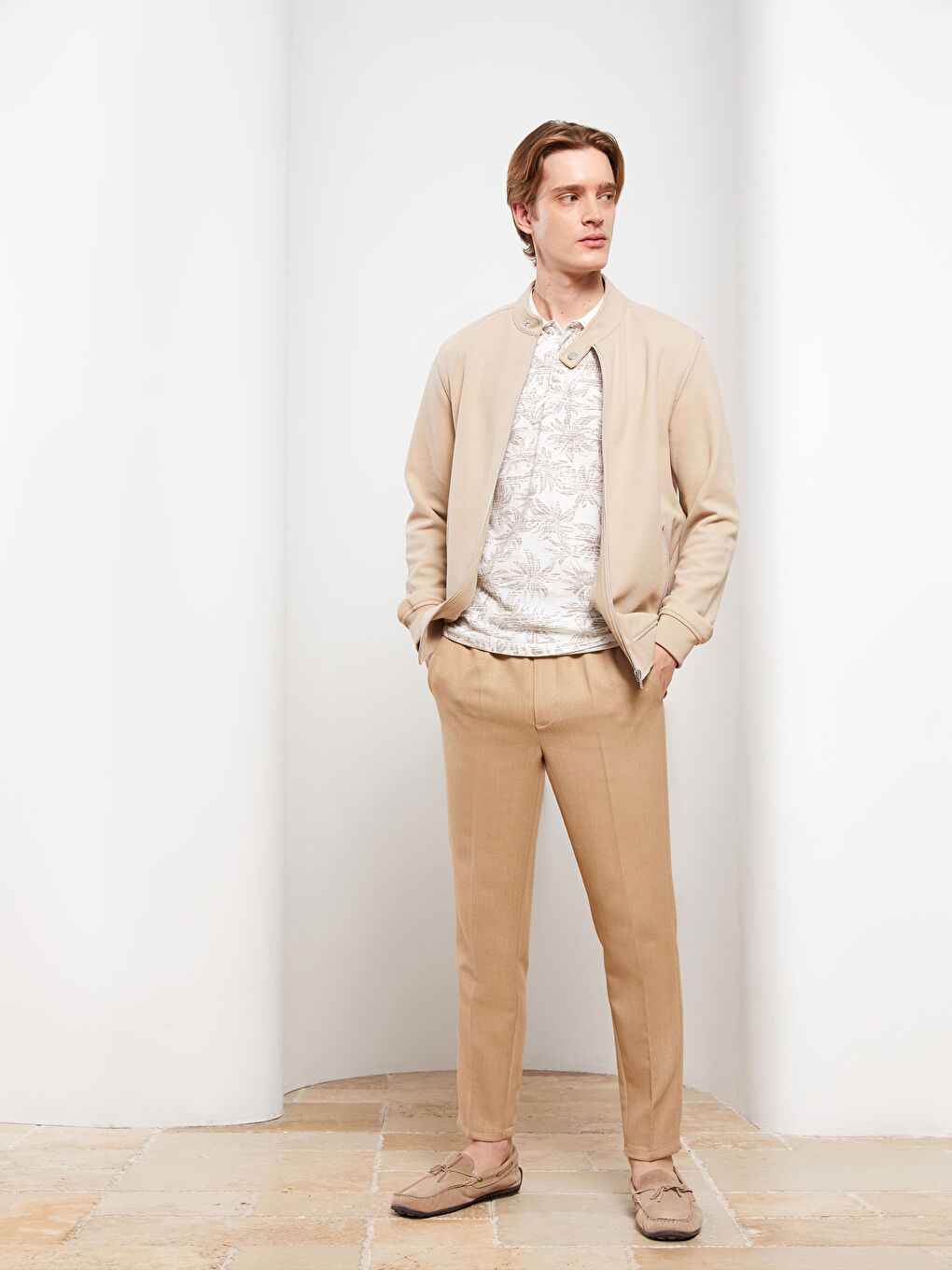 Bej Slim Fit Biker Yaka Erkek Mont