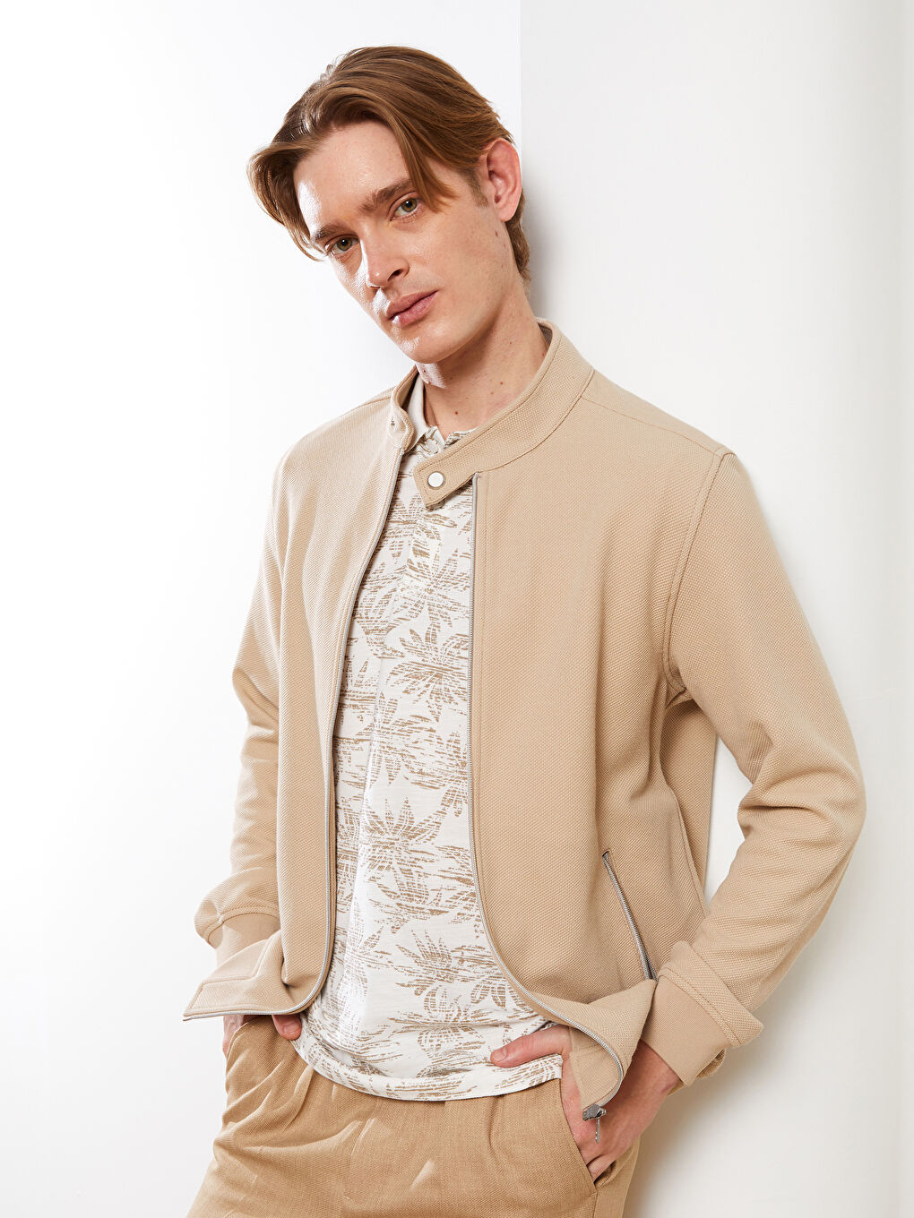 Bej Slim Fit Biker Yaka Erkek Mont-1