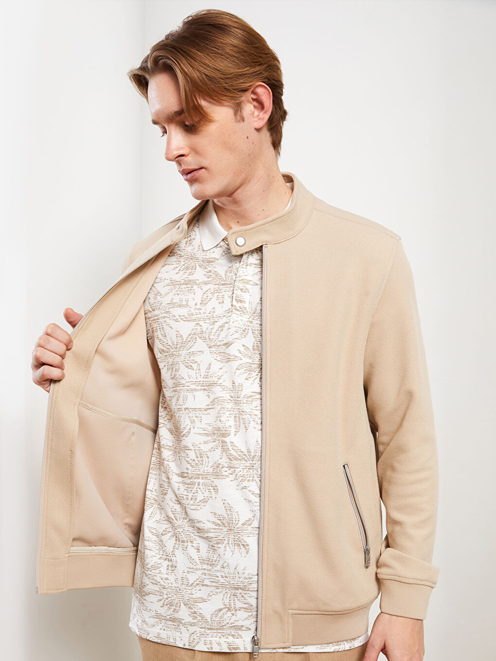 Bej Slim Fit Biker Yaka Erkek Mont-2