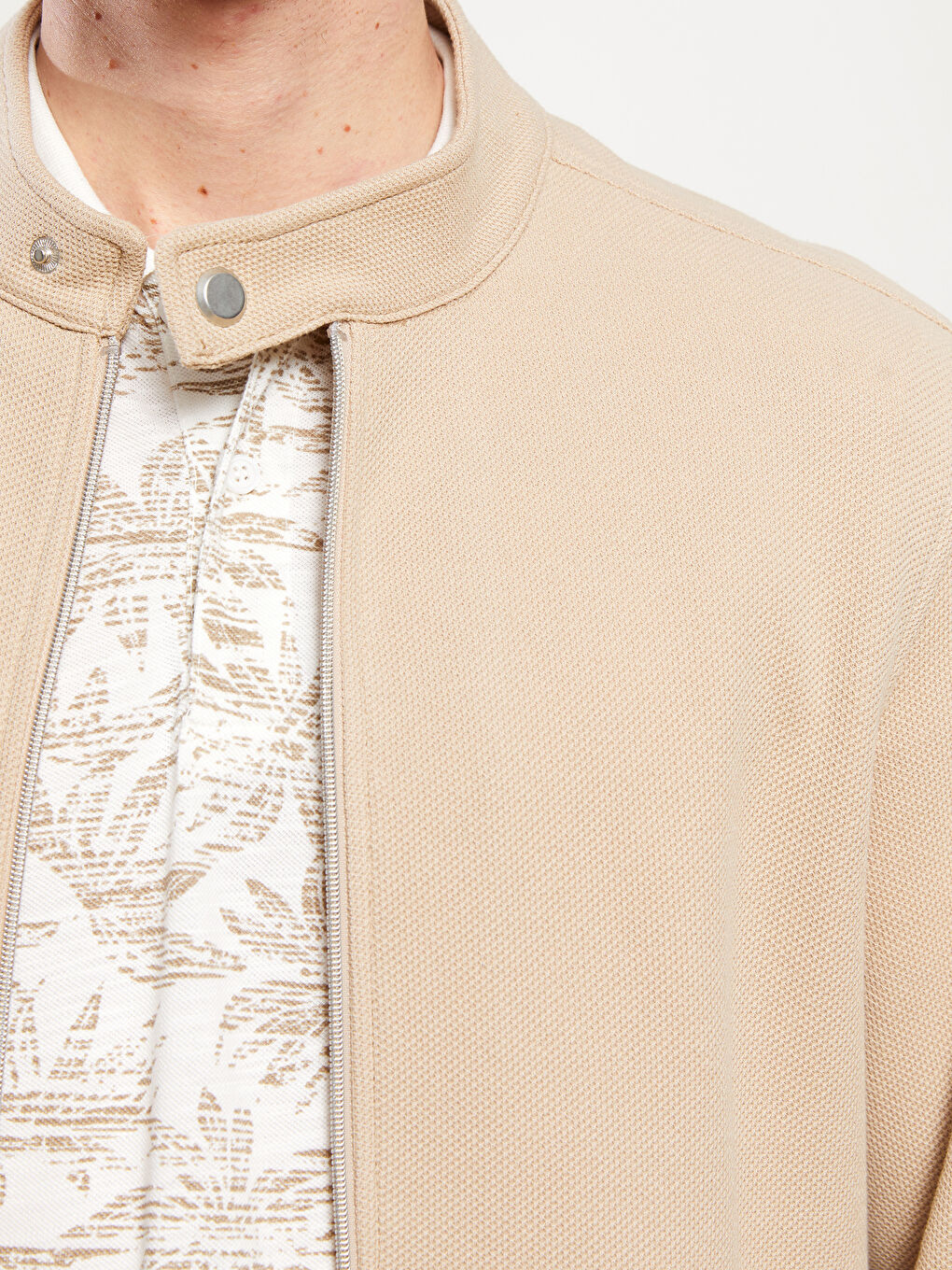 Bej Slim Fit Biker Yaka Erkek Mont-3