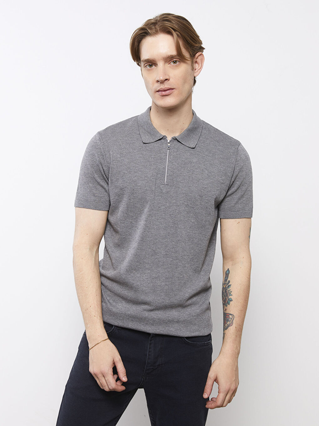 Gri Polo Yaka Erkek Triko Tişört-1