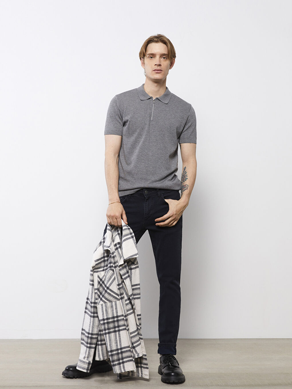 Gri Polo Yaka Erkek Triko Tişört-2