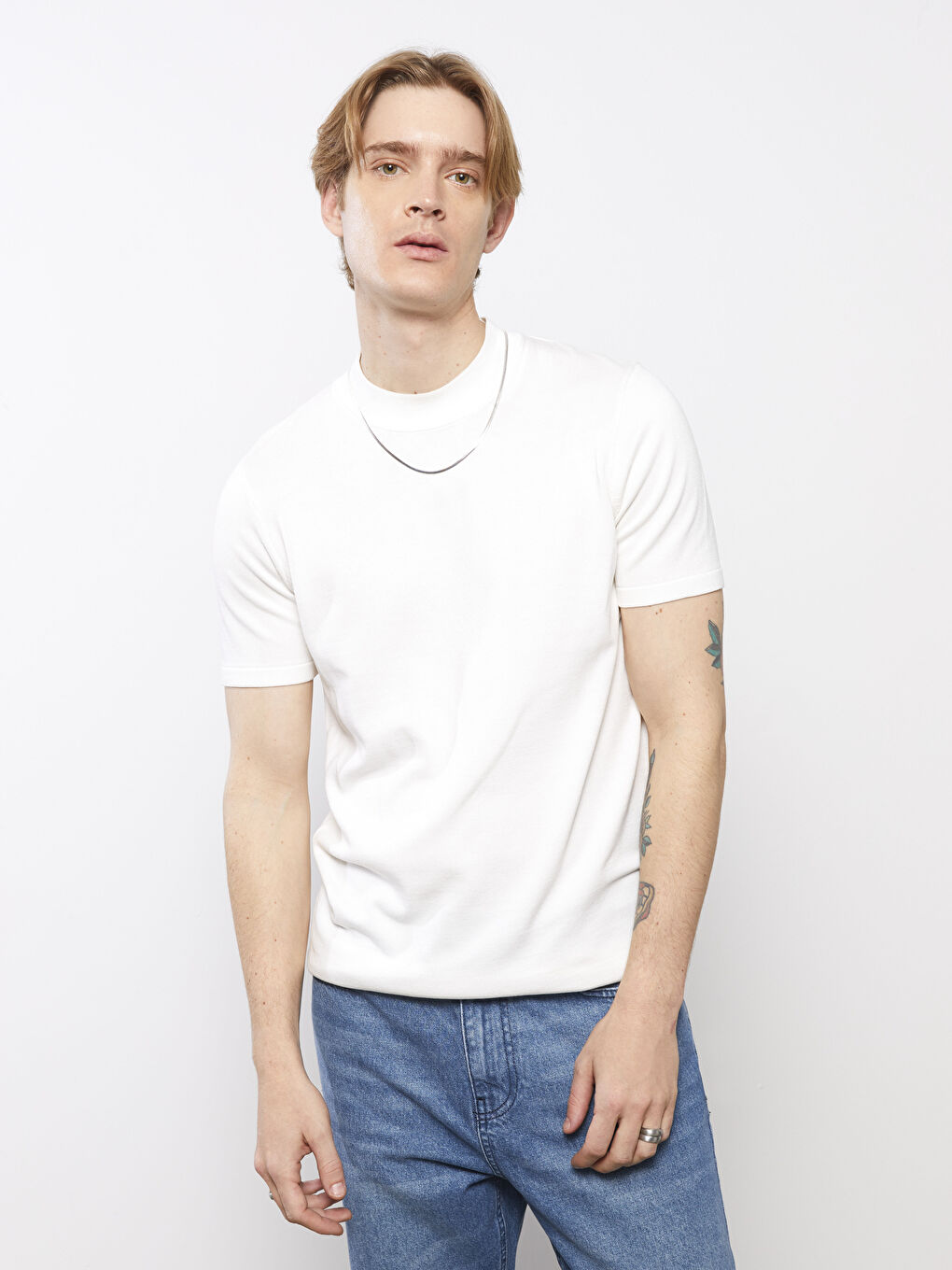 Ekru Bisiklet Yaka Kısa Kollu Erkek Triko Kazak-1