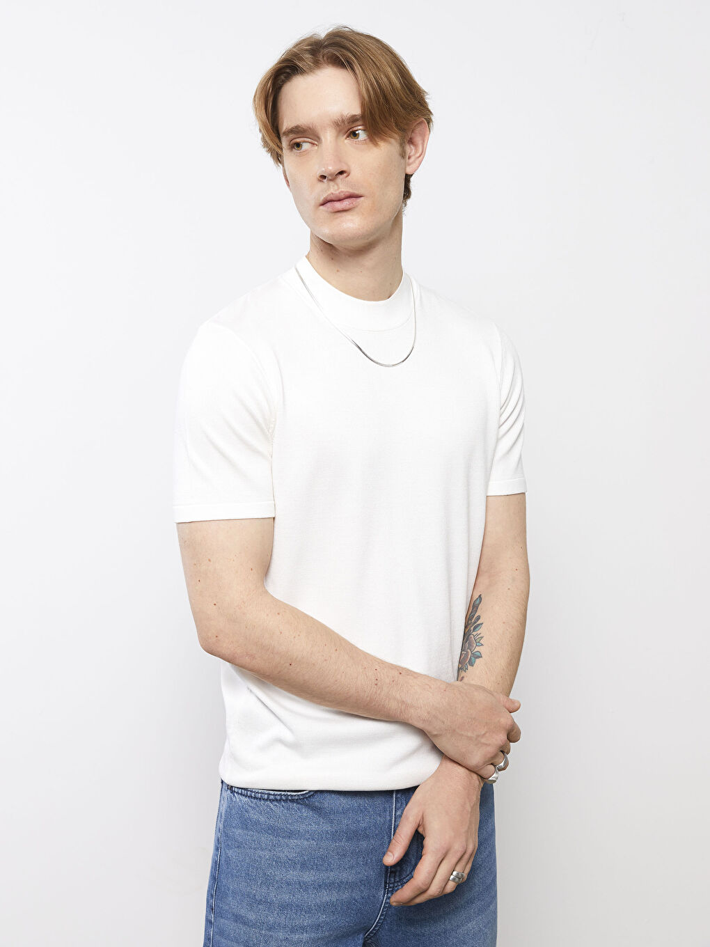 Ekru Bisiklet Yaka Kısa Kollu Erkek Triko Kazak-2