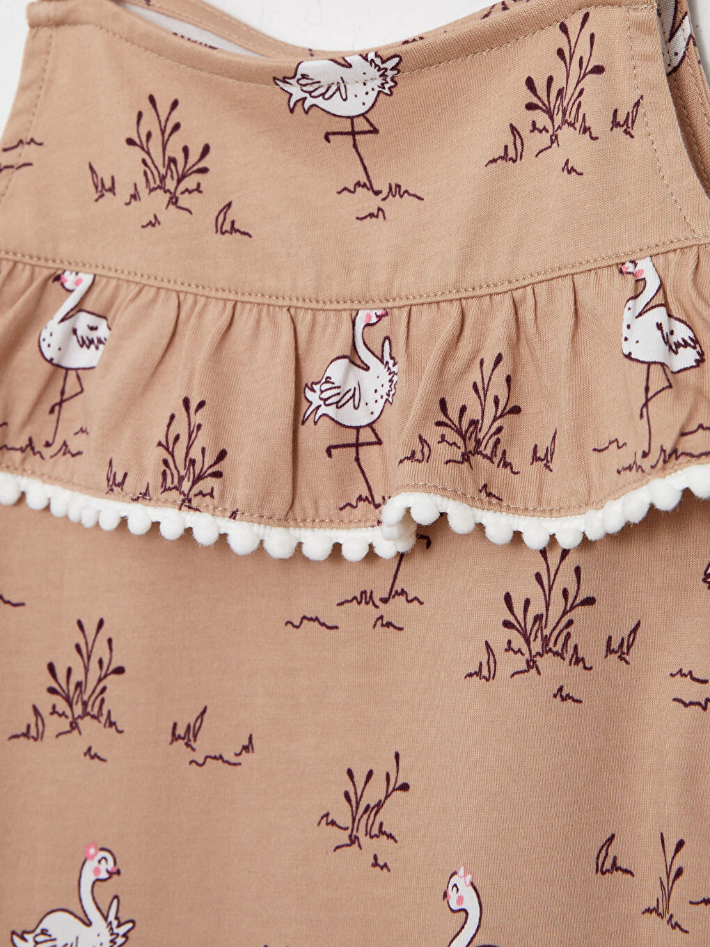 Bej Kare Yaka Askılı Baskılı Kız Bebek Tulum-1