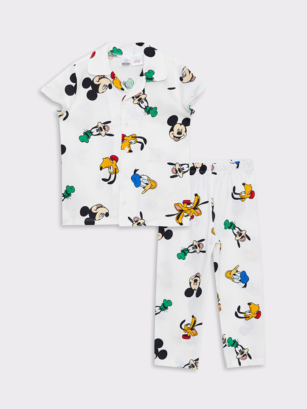 Ekru Polo Yaka Kısa Kollu Mickey Mouse Baskılı Pamuklu Erkek Bebek Pijama Takım