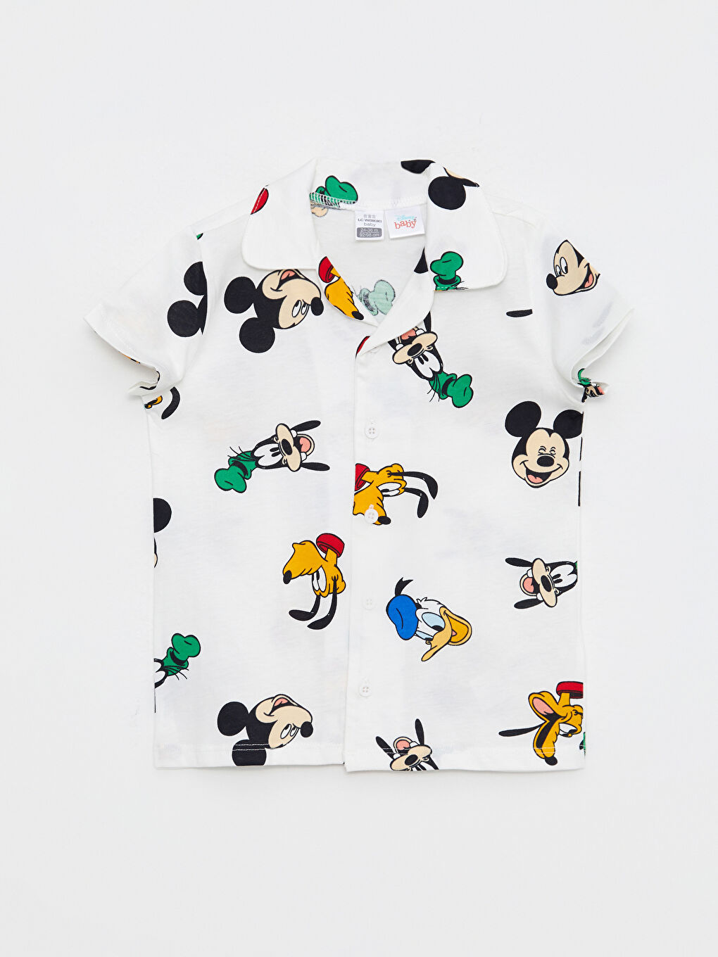 Ekru Polo Yaka Kısa Kollu Mickey Mouse Baskılı Pamuklu Erkek Bebek Pijama Takım-1