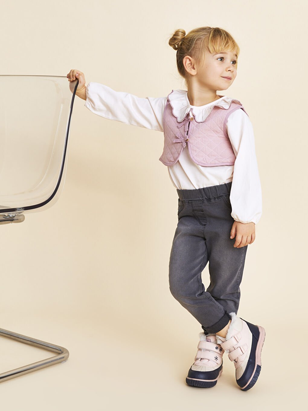 LCW baby Gri Beli Lastikli Basic Kız Bebek Jean Pantolon