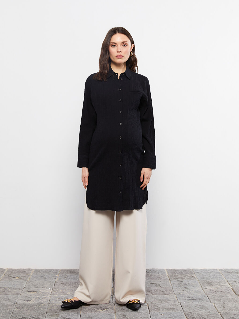 Long Sleeve Poplin Maternity Shirt Tunic-1