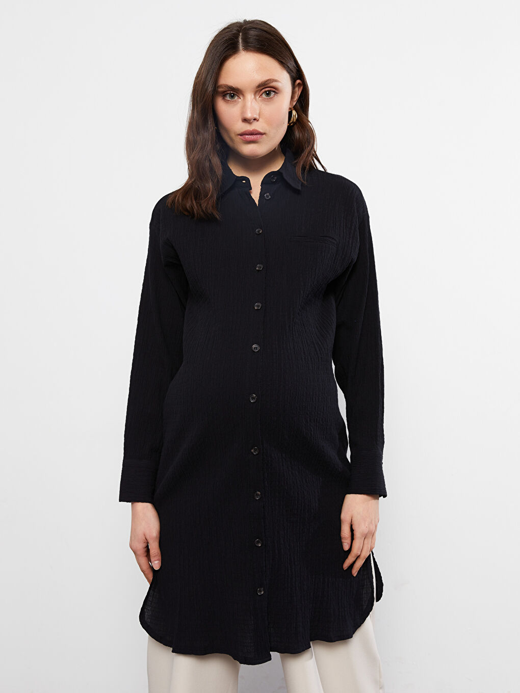 Long Sleeve Poplin Maternity Shirt Tunic-2