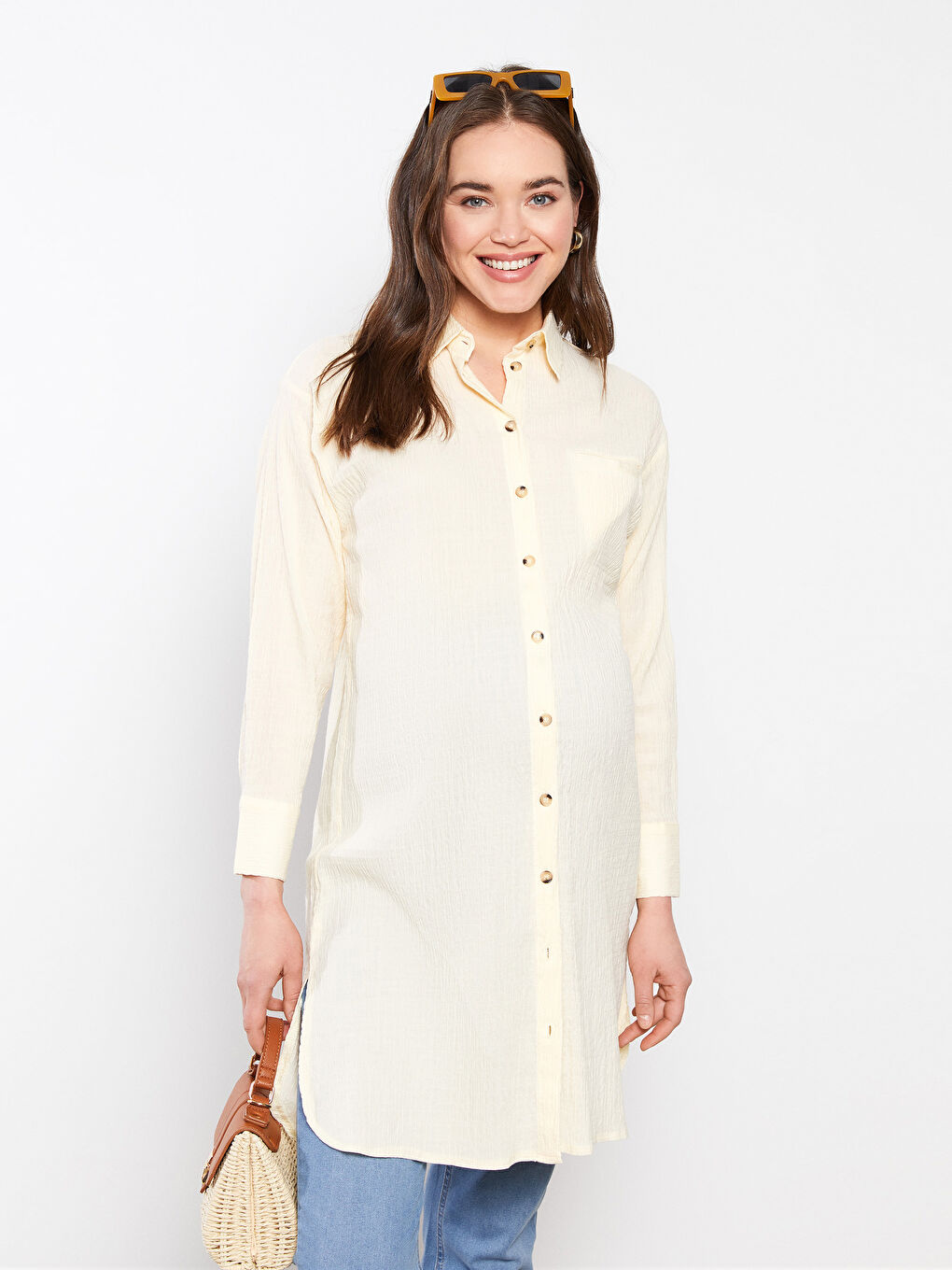 Plain Long Sleeve Poplin Maternity Shirt Tunic