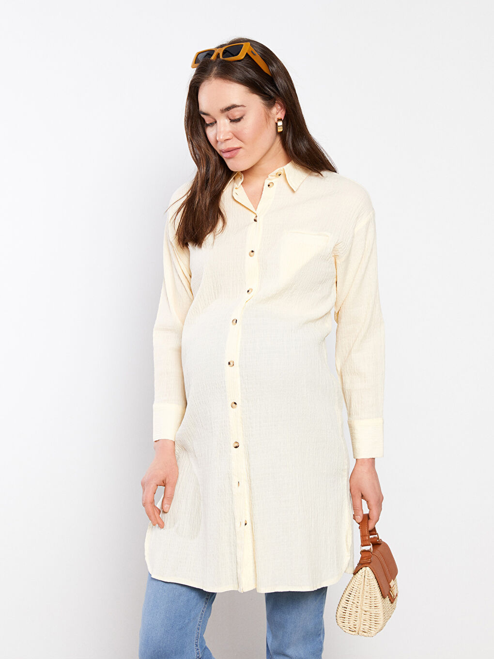 Plain Long Sleeve Poplin Maternity Shirt Tunic-1