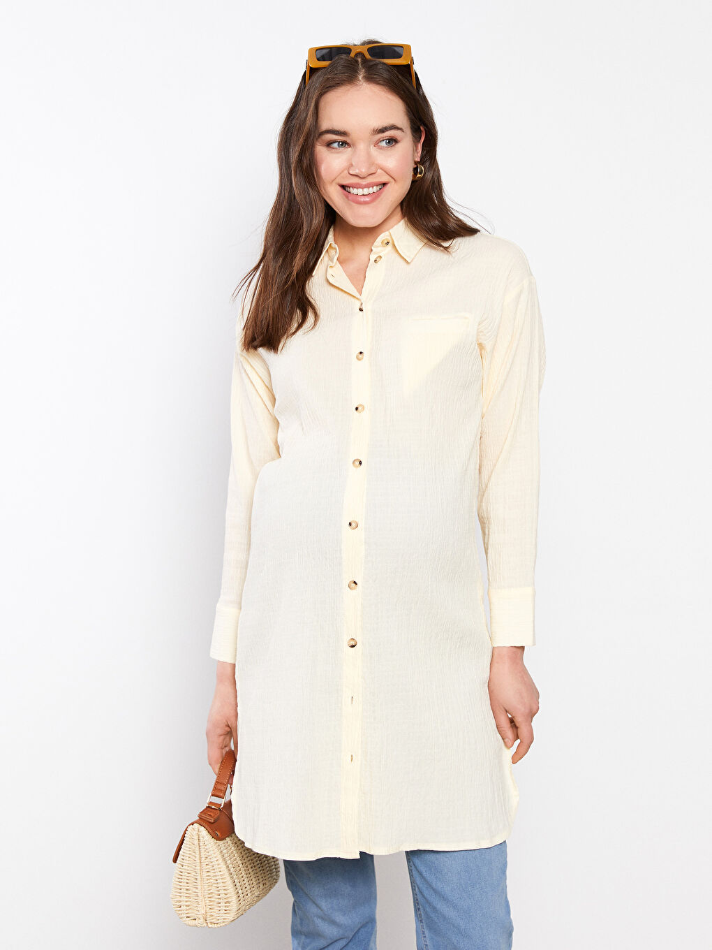 Plain Long Sleeve Poplin Maternity Shirt Tunic-2