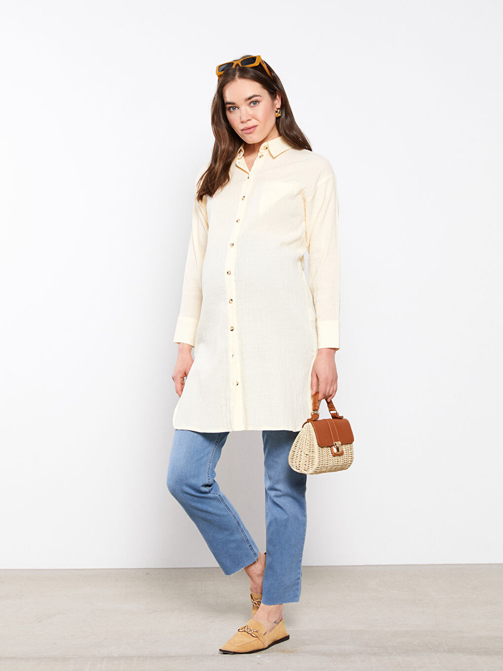 Plain Long Sleeve Poplin Maternity Shirt Tunic-3