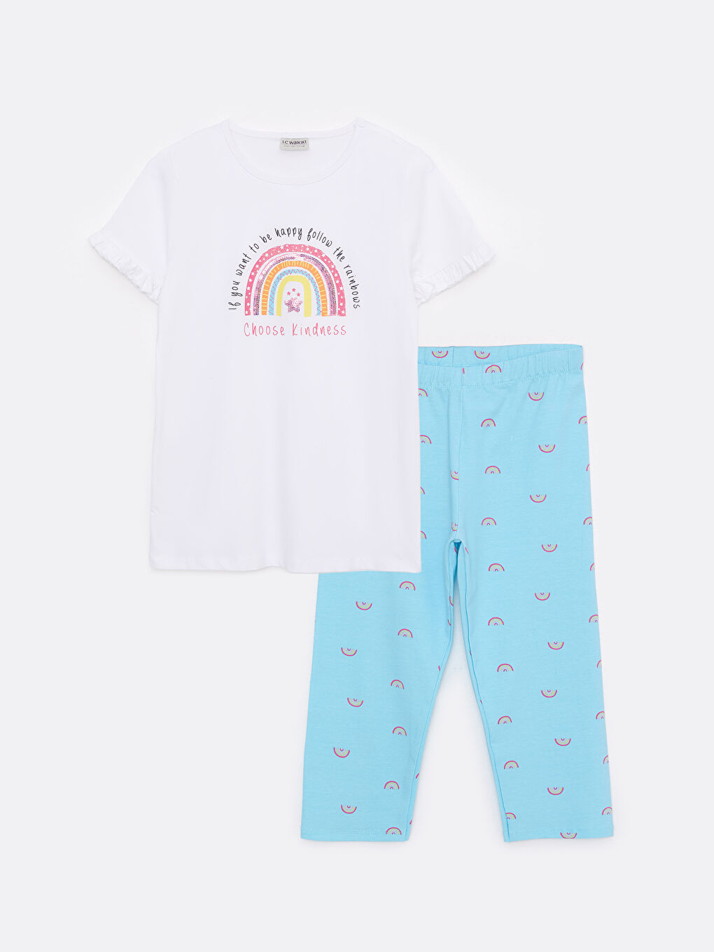 Crew Neck Printed Short Sleeve Girls' Blouse and Leggings