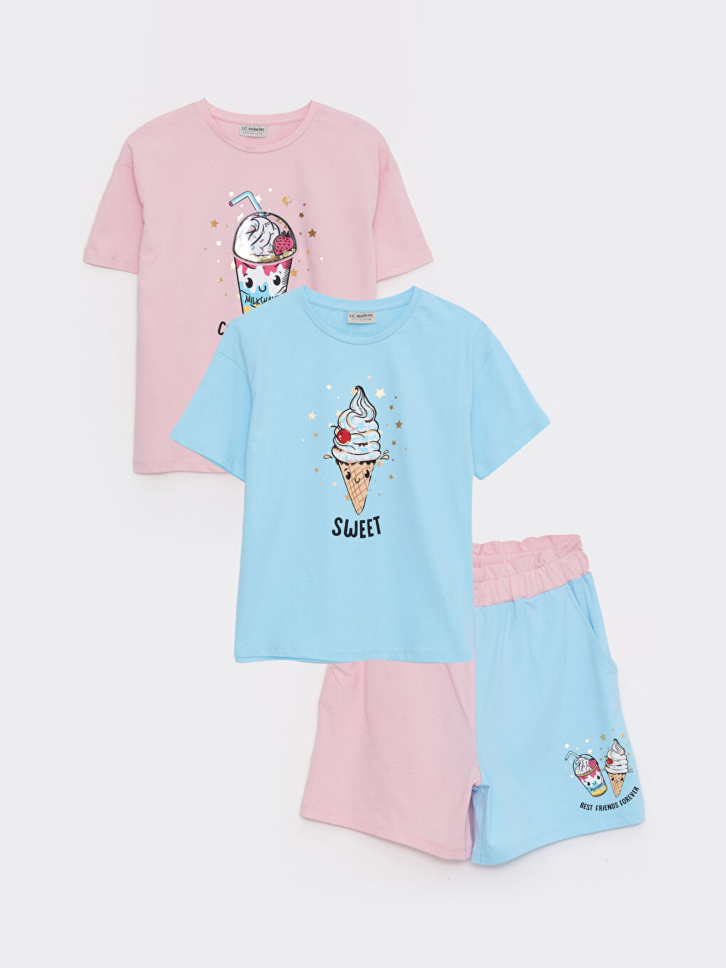 Crew Neck Printed Short Sleeve Girl's 2-Piece T-Shirt and Shorts