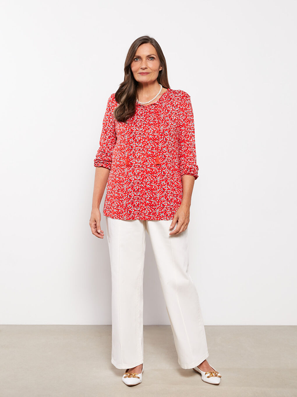 Blouse à Col Lavallière à Motifs et Manches Longues pour Femmes