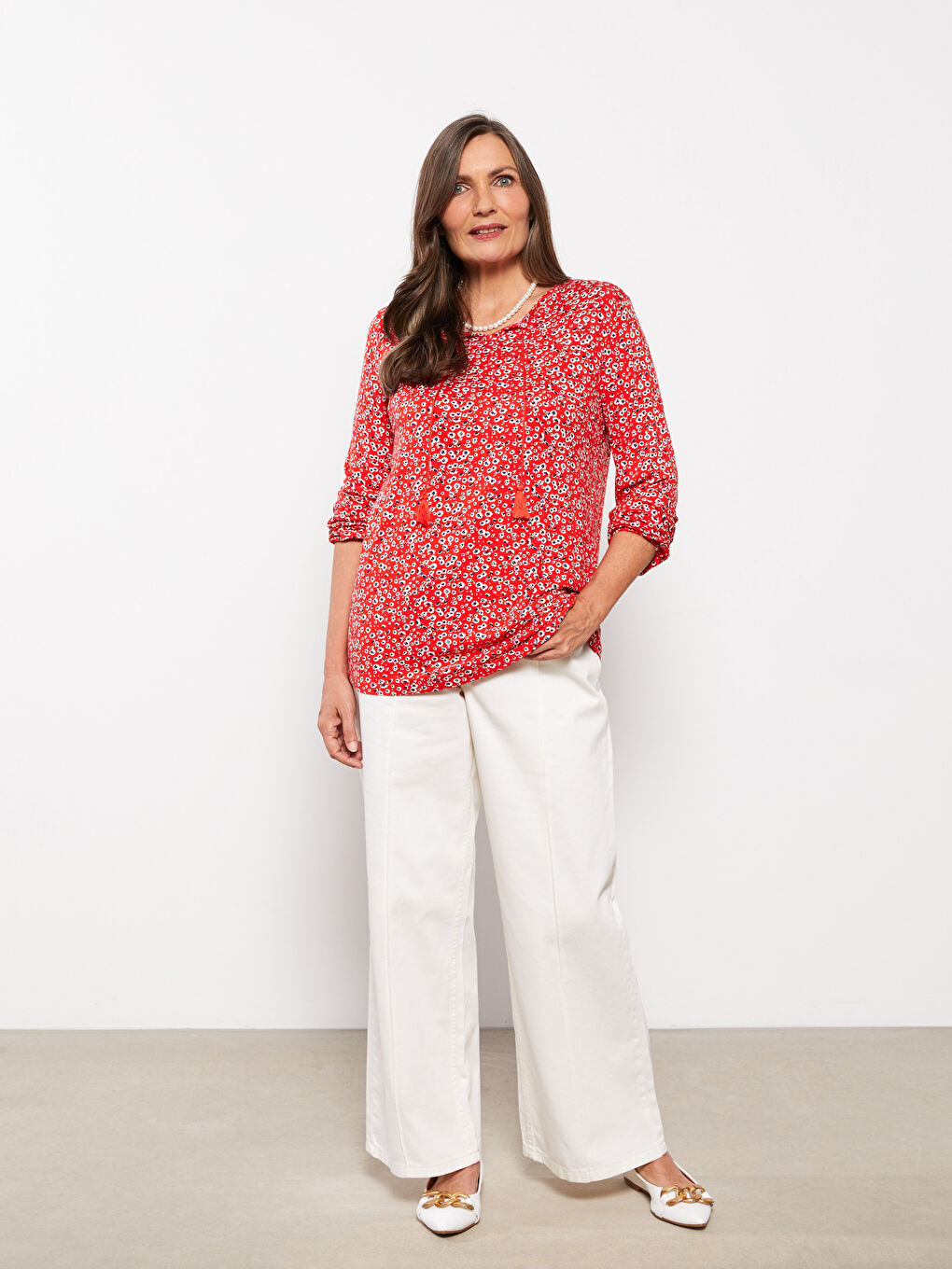 Blouse à Col Lavallière à Motifs et Manches Longues pour Femmes-1