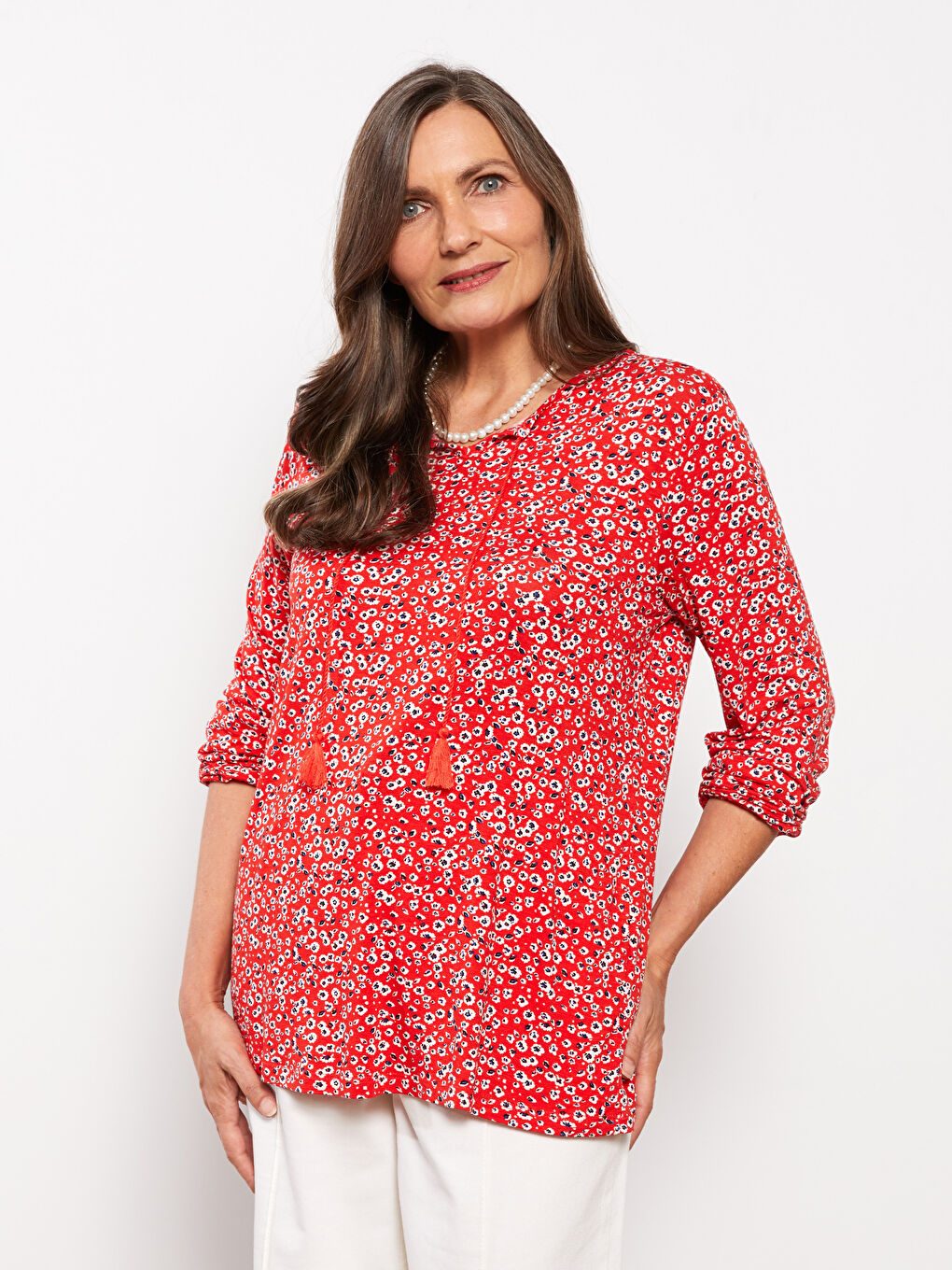 Blouse à Col Lavallière à Motifs et Manches Longues pour Femmes-2