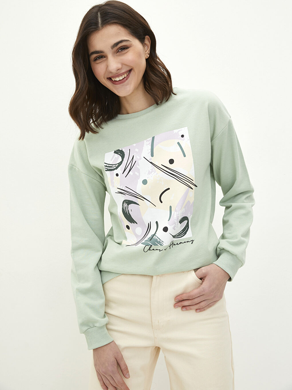 әйелдерге арналған ұзын жеңді принтті дөңгелек жағалы свитшот