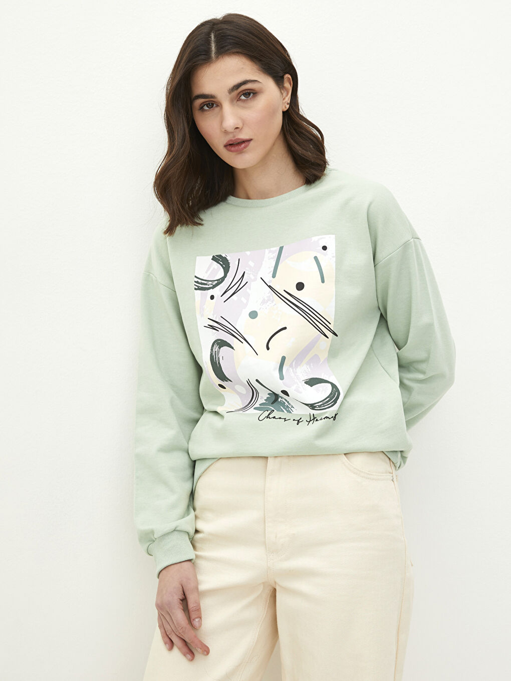 әйелдерге арналған ұзын жеңді принтті дөңгелек жағалы свитшот-1