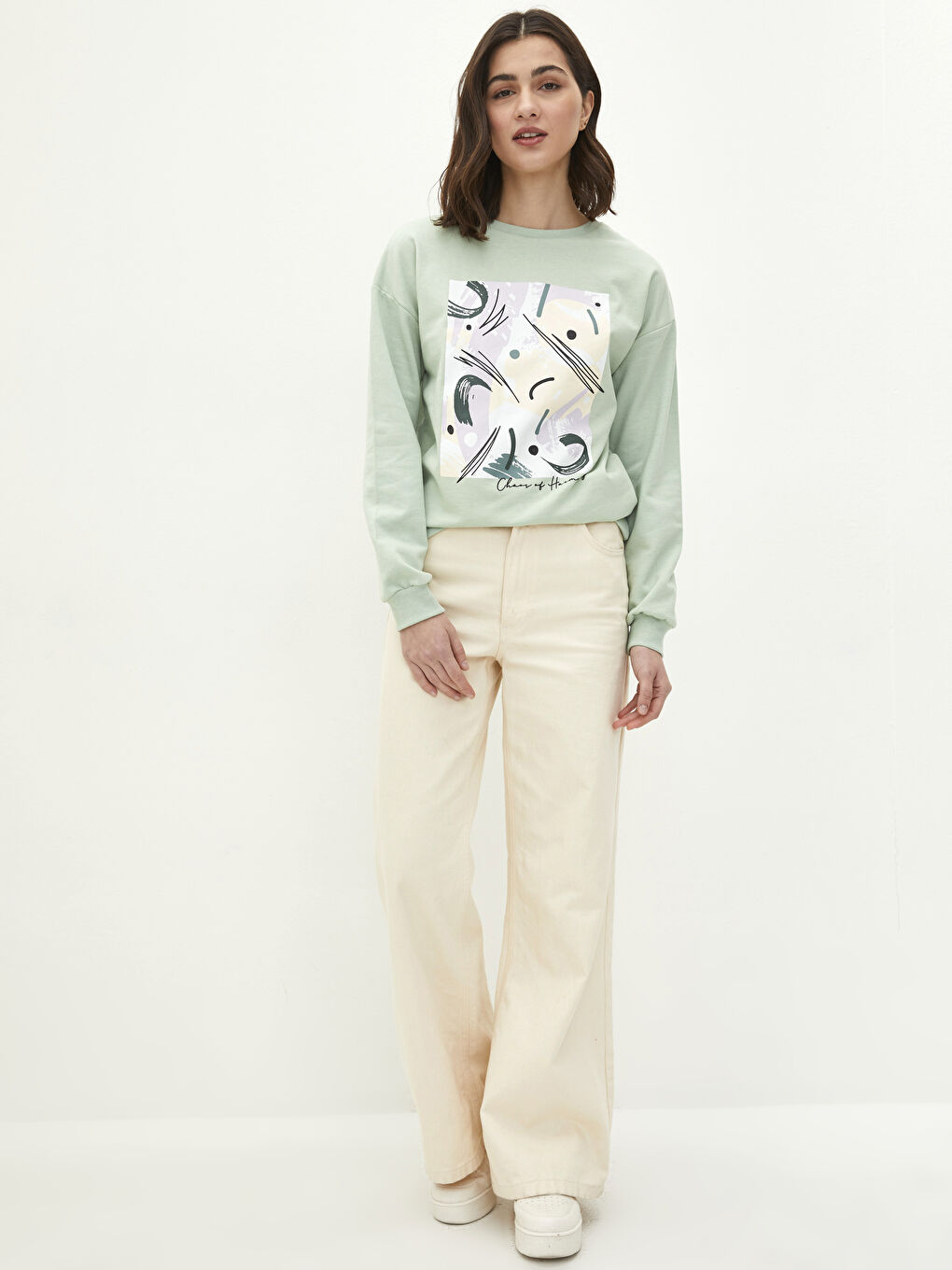 әйелдерге арналған ұзын жеңді принтті дөңгелек жағалы свитшот-2