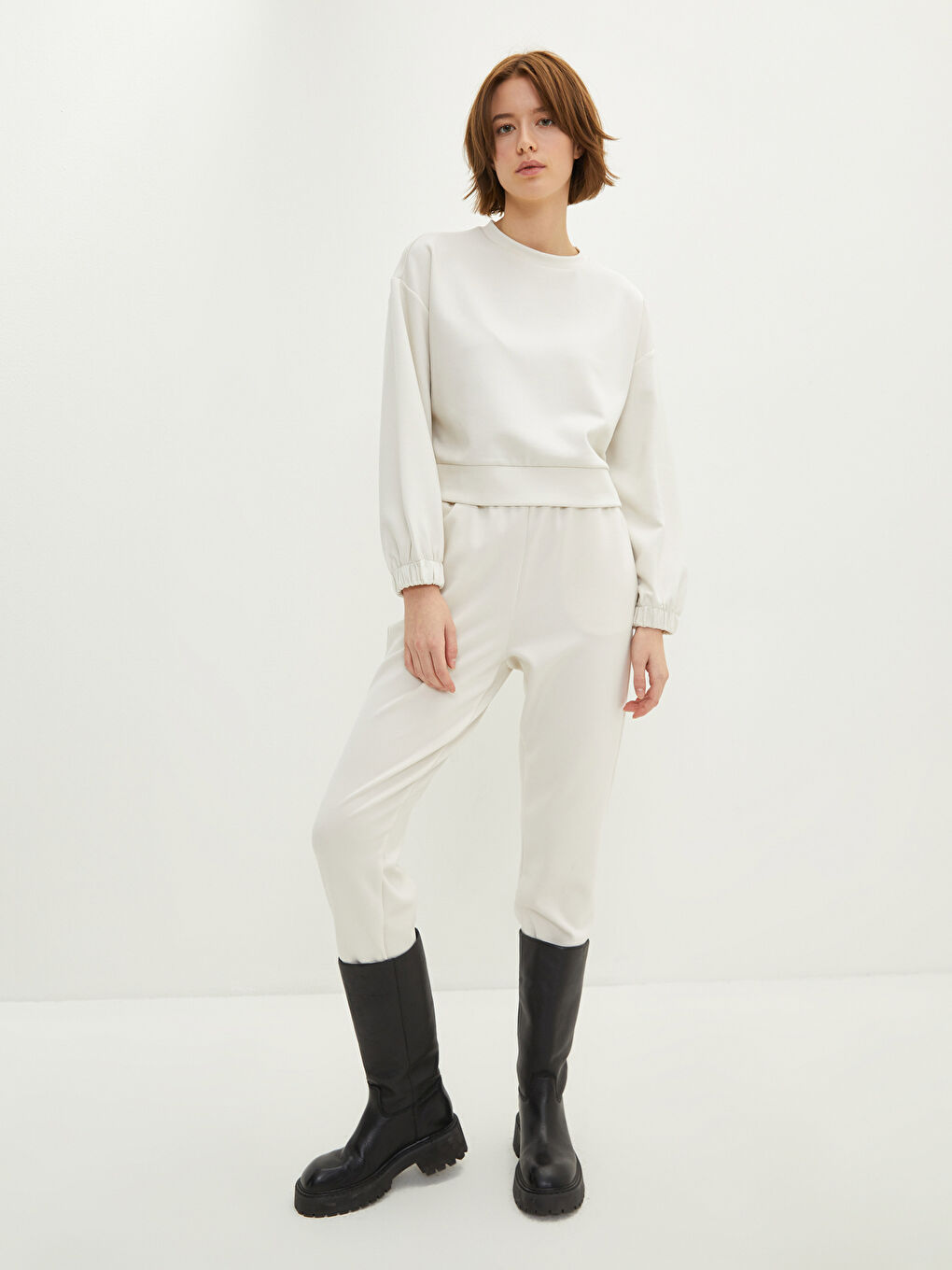 Ekru Bisiklet Yaka Düz Uzun Kollu Kadın Sweatshirt-2