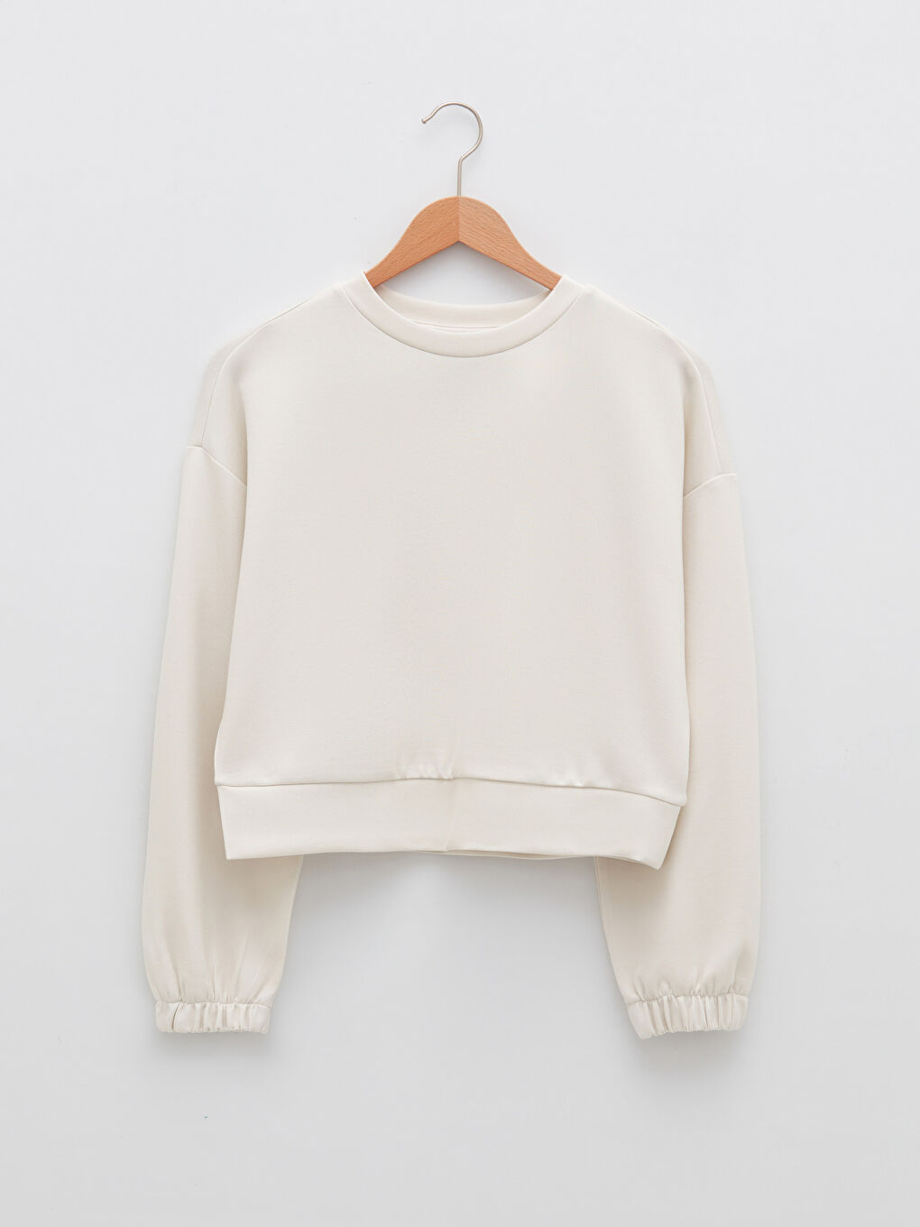 Ekru Bisiklet Yaka Düz Uzun Kollu Kadın Sweatshirt-5