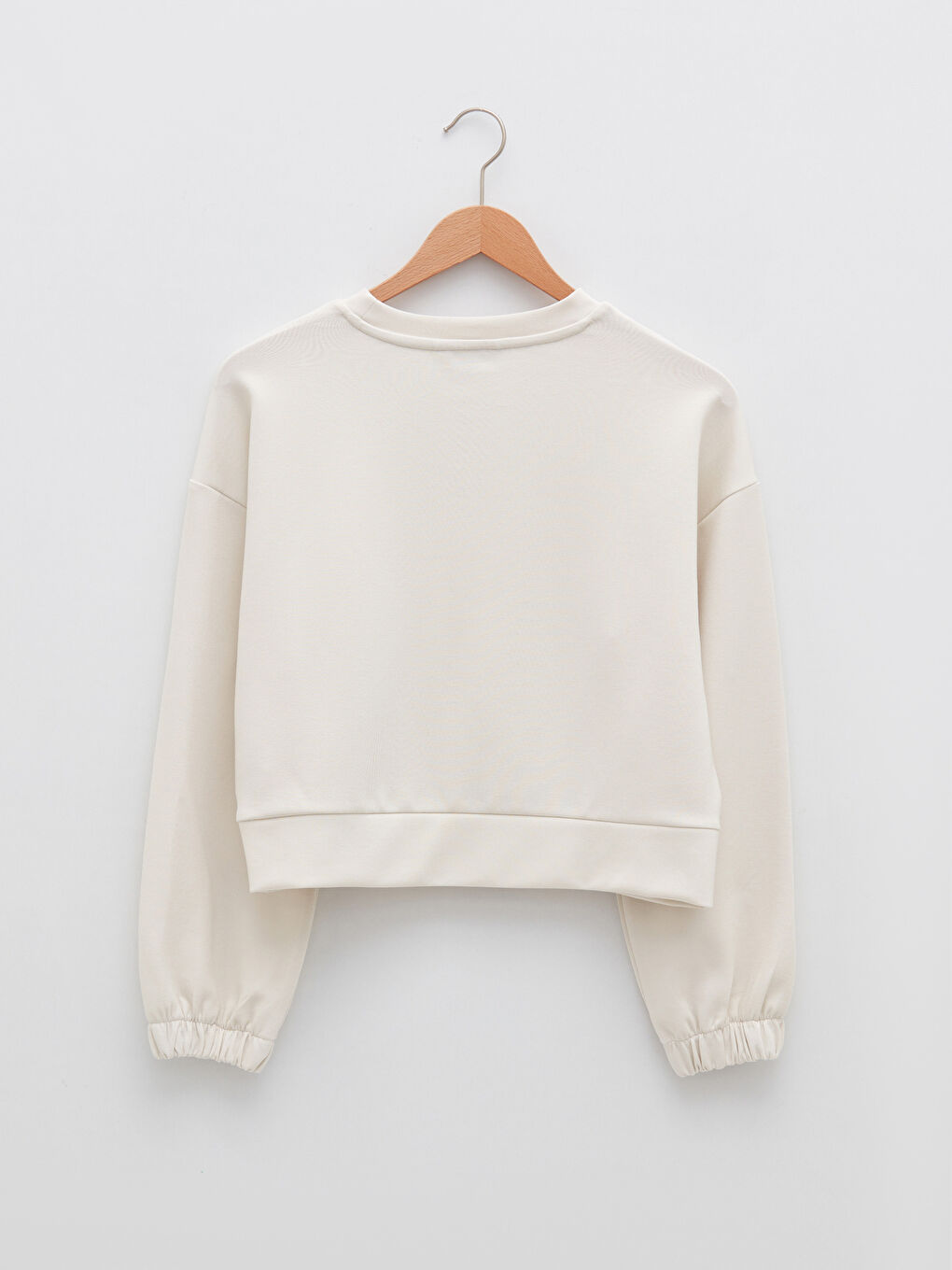 Ekru Bisiklet Yaka Düz Uzun Kollu Kadın Sweatshirt-6