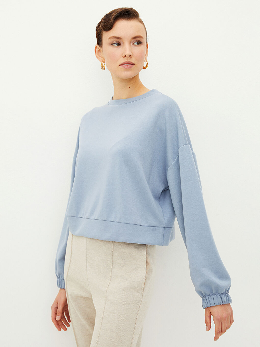 Mavi Bisiklet Yaka Düz Uzun Kollu Kadın Sweatshirt