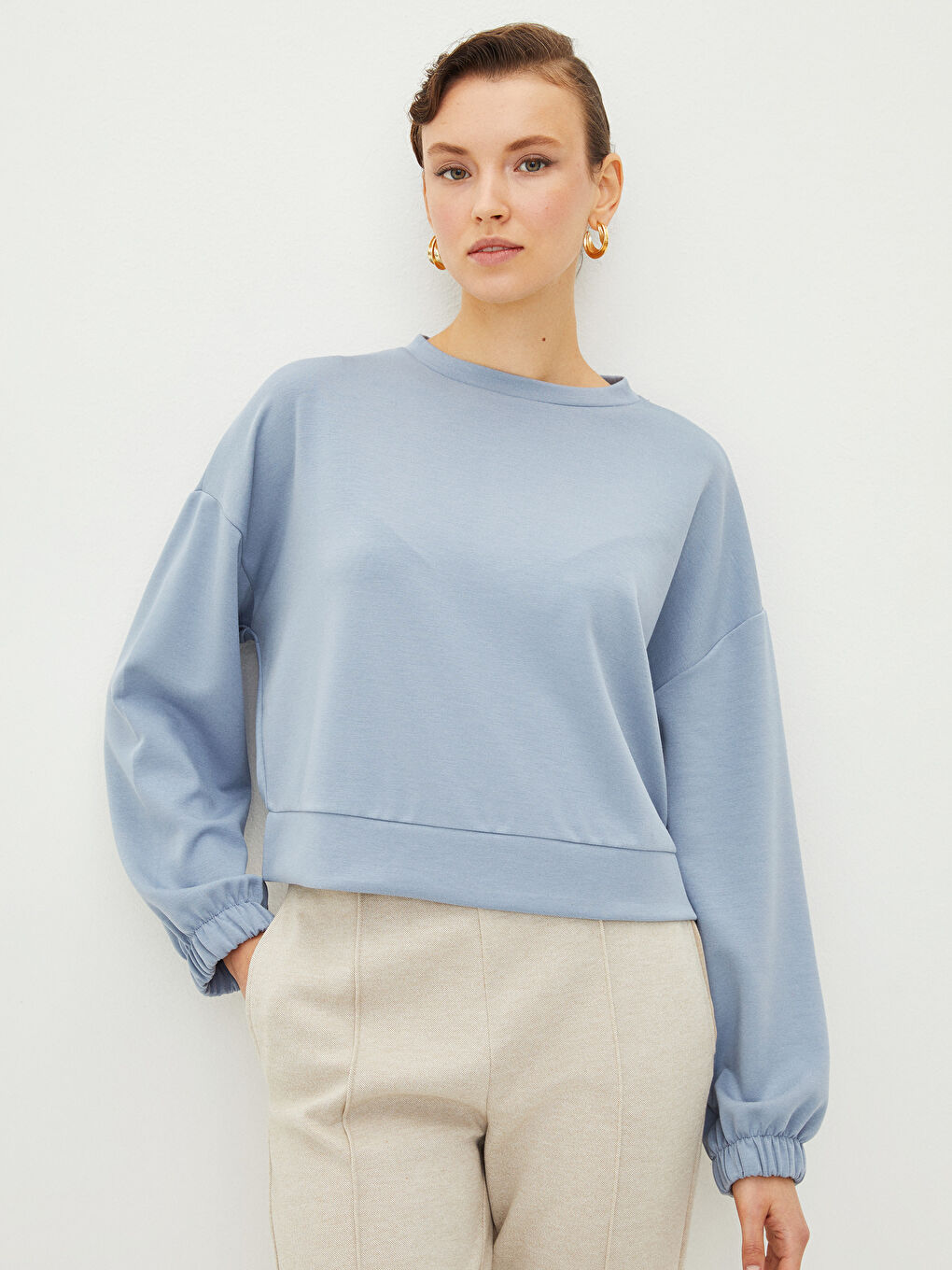 Mavi Bisiklet Yaka Düz Uzun Kollu Kadın Sweatshirt-1