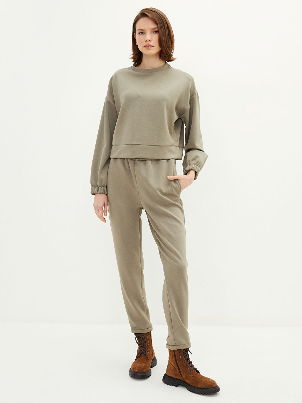 Haki Bisiklet Yaka Düz Uzun Kollu Kadın Sweatshirt-2