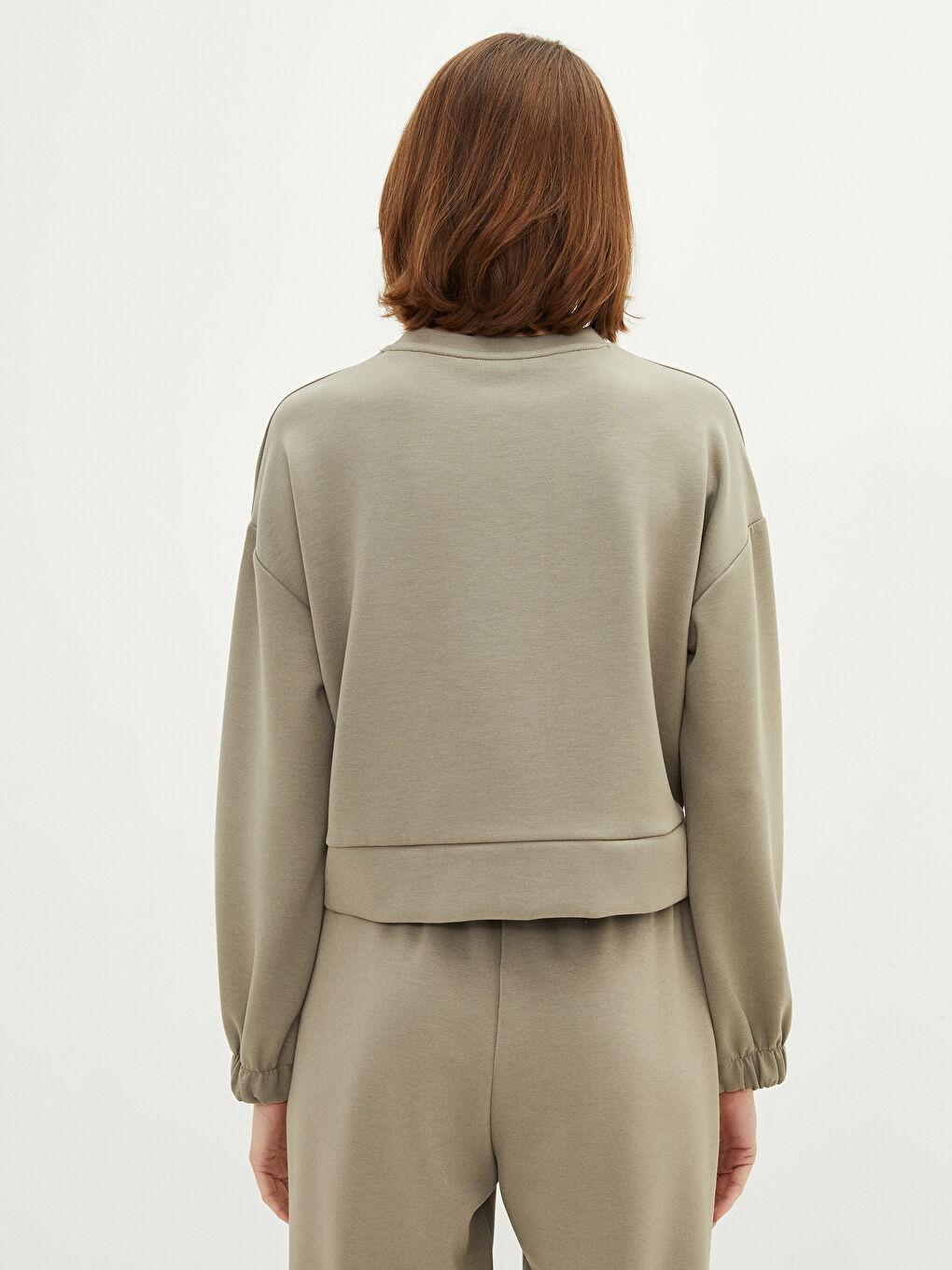 Haki Bisiklet Yaka Düz Uzun Kollu Kadın Sweatshirt-4